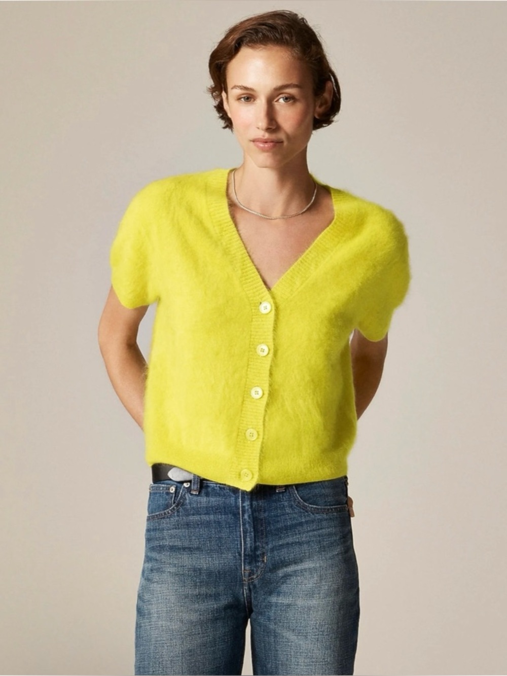 J. Crew Brushed Cashmere Short-sleeve Cardigan Burnished Chartreuse